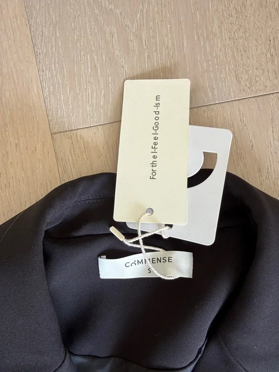 Commense Black Midi Dress with White Pleated Trim and Gold Buttons - Picture 2 of 3